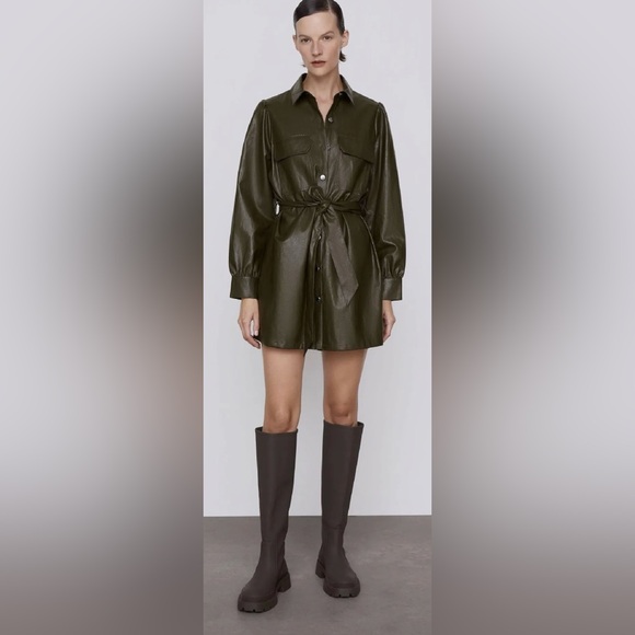 NWT ZARA Khaki Faux Leather Button Down Mini Dress - Picture 4 of 16
